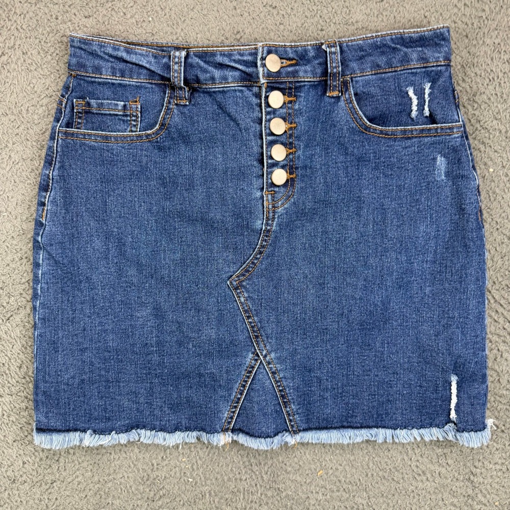 Versona Women Blue Distressed Denim Mini Skirt Button Fly Raw Hem Size 8
